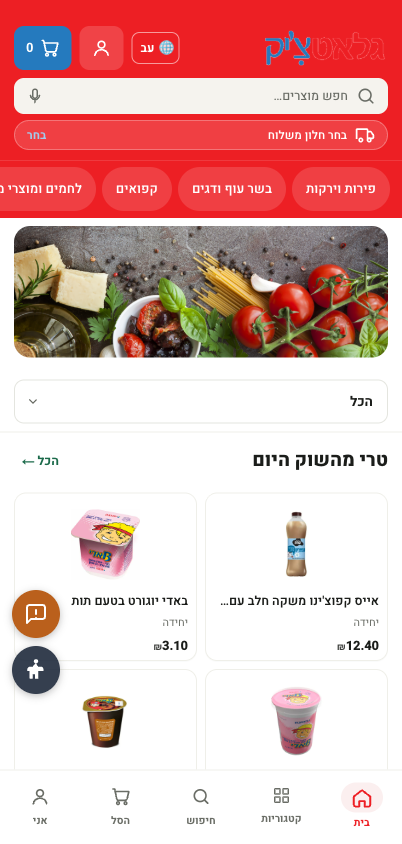 צילום מסך של חנות גלאטצ׳יק בנייד — עמוד הבית והקטגוריות